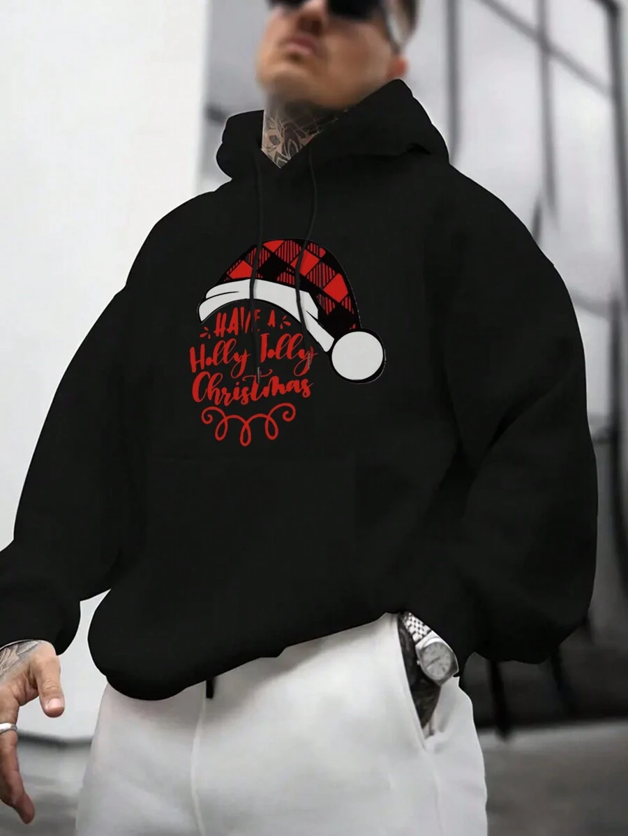Men Christmas Print Kangaroo Pocket Drawstring Hoodie - Black - View 1