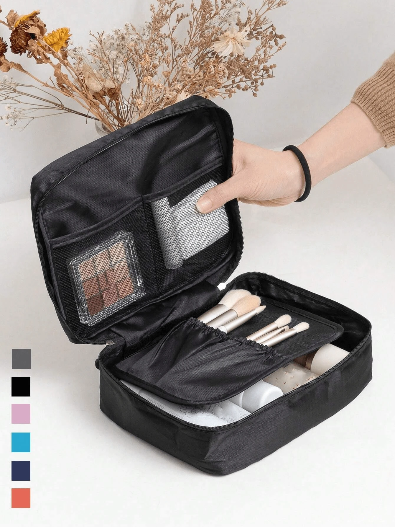 1pc Portable Polyester Toiletry Travel Bag, Daily Solid Color Detachable Large Capacity Waterproof Travel Toiletry Organizer, Ideal For Travel Storage, Makeup Bag, Travel Organization, Large Capacity Cosmetic Storage Box - Multicolor - View 1