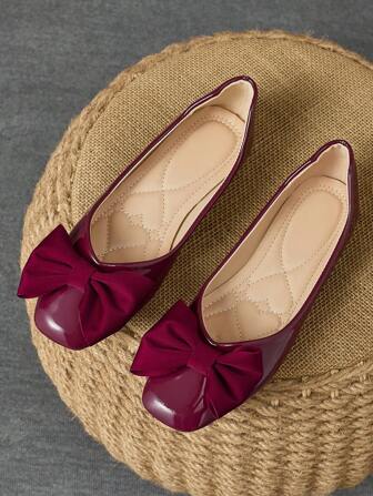 WHDXY 女士酒红色蝴蝶结方头平底鞋，百搭乐福鞋，漂亮上衣，适合工作，软底驾车鞋，春秋季优雅平底鞋