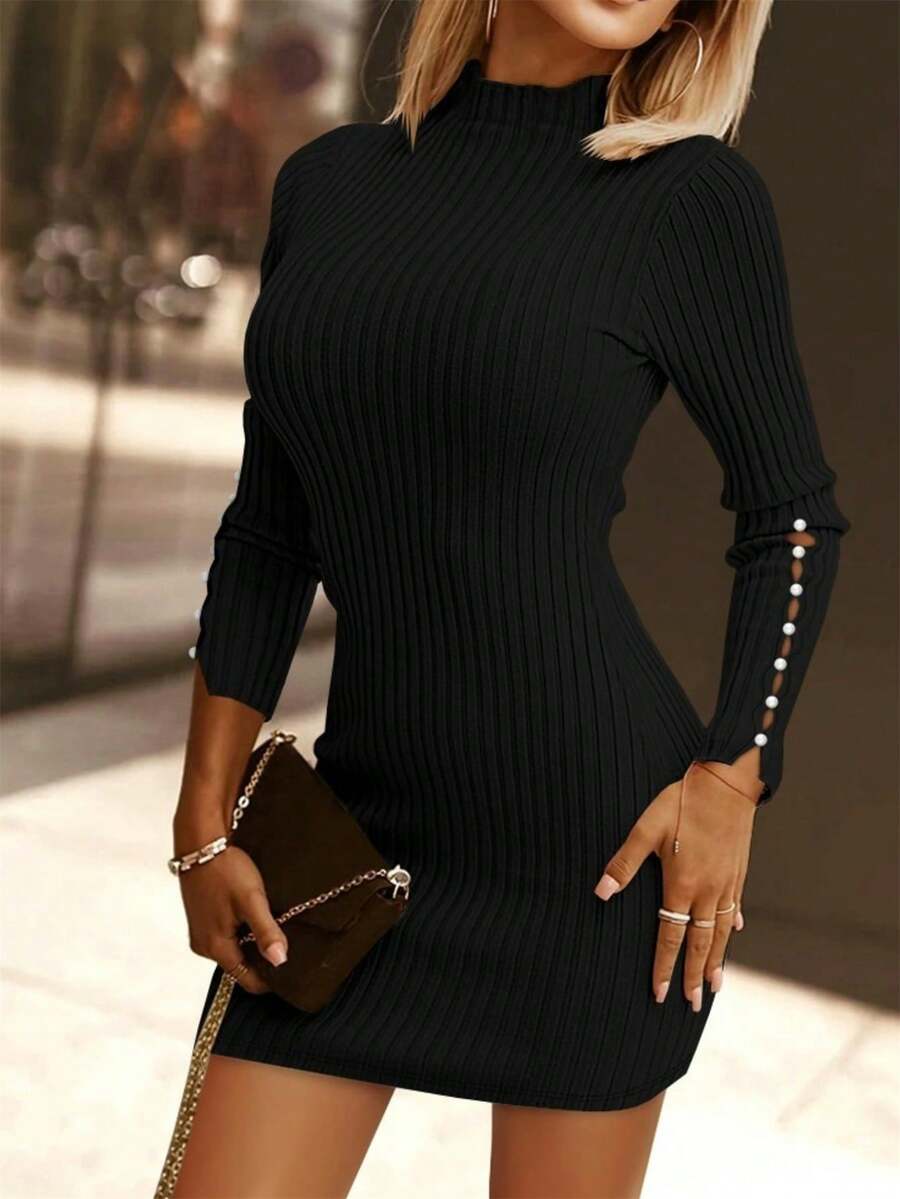 Solid Color Slim Fit Long Sleeve Casual Mini Dress, Autumn/Winter - Black - View 1