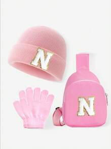 Set de 3 piezas para bebés y niños: Gorro con estampado de 26 letras, guantes y bolsa tipo monedero. Conjunto de ropa de invierno para niñas, apto para uso diario de niñas pequeñas en otoño e invierno. Accesorio de moda con monedero.