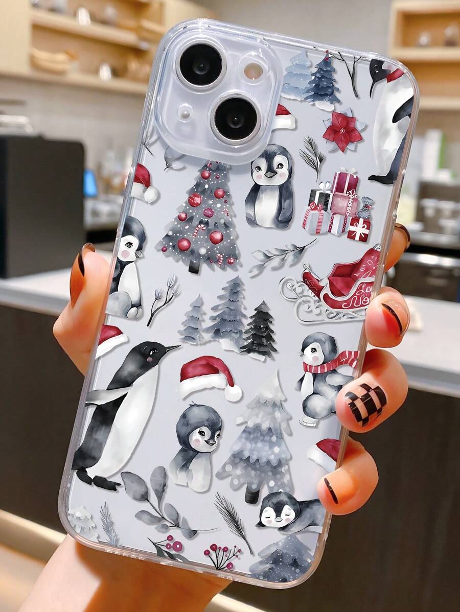 冬季 1 件透明 TPU 防震防指纹手机壳，带圣诞企鹅图案，适用于 iPhone - 彩色 - 查看 1