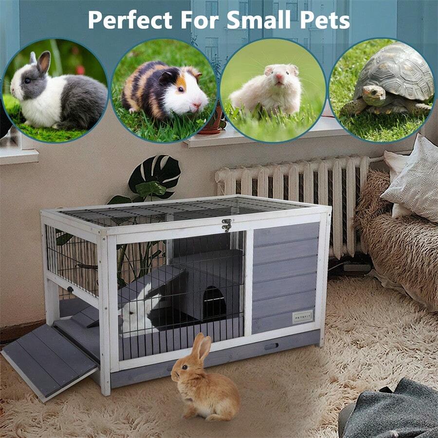 Wooden Rabbit Hutch Indoor Bunny House For Small Animals With Put Out