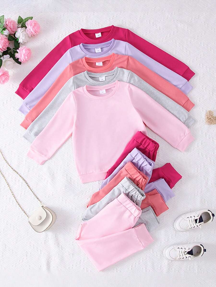 10 peças/conjunto meninas casual macio confortável malha cor sólida manga comprida moletom e calças conjunto, outono/inverno