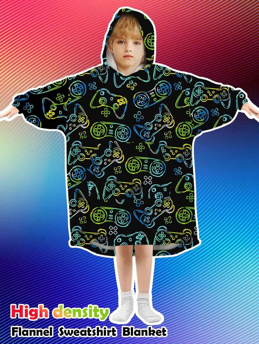 1pc Blanket Hoodie Sweatshirt With Pockets, Warm Flannel Fabric, Space Planet & Joystick Graphic Pattern Summer Wedding Home Bathroom Decor Beach Wear