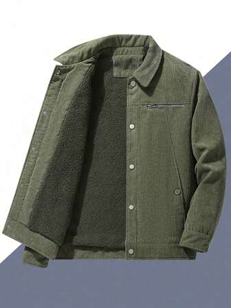 Men's Long Sleeve Zip Pocket Corduroy Collar Coat, For Fall Winter