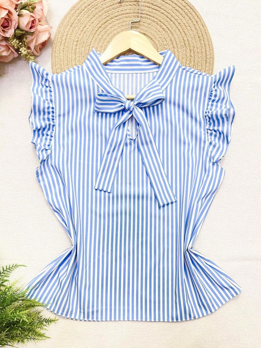 olinka modas Olinka Fashion Tank Top With Ruffle Sleeves And Tie Front - Baby Blue - View 1