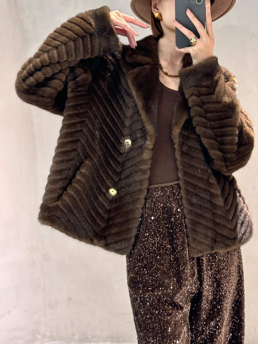 Women's Winter Luxurious Fluffy Stand Collar Jacket - Brown - View 1