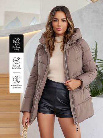 HaiLuoZi Women's Solid Color Long Sleeve Drawstring Hooded Padded Coat, Winter