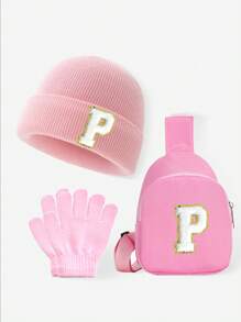 Set de 3 piezas para bebés y niños: Gorro con estampado de 26 letras, guantes y bolsa tipo monedero. Conjunto de ropa de invierno para niñas, apto para uso diario de niñas pequeñas en otoño e invierno. Accesorio de moda con monedero.