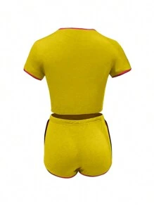 Women's 2 Pieces Sports Tracksuit Set, Short Sleeve Round Neck Top + High Waist Short Pants Sets - Yellow - View 10