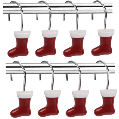 12pcs Christmas Series Metal & Resin Red Santa Socks, Decorative Bath Accessories For Bathroom, Kitchen, Living Room & Bedroom, Christmas Decor, Include Shower Curtain Hooks, Curtain Rings, Hangers Home Bathroom Decor Summer