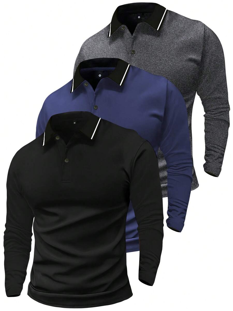 3 件套男士高尔夫 Polo 领长袖衬衫，复古休闲轻质软壳运动上衣，适合日常穿着、春秋装、秋季服装 - 彩色 - 查看 1