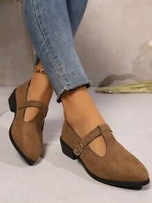女士春秋季新款一脚蹬乐福鞋粗跟黑色圆头牛津鞋，时尚舒适休闲驾车鞋 - 棕色 - 查看 2
