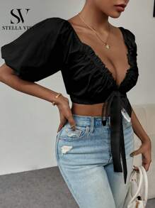 SV Blusa elegante feminina de decote V com laço e mangas bufantes, estilo pulôver. - Preto - Visão 5