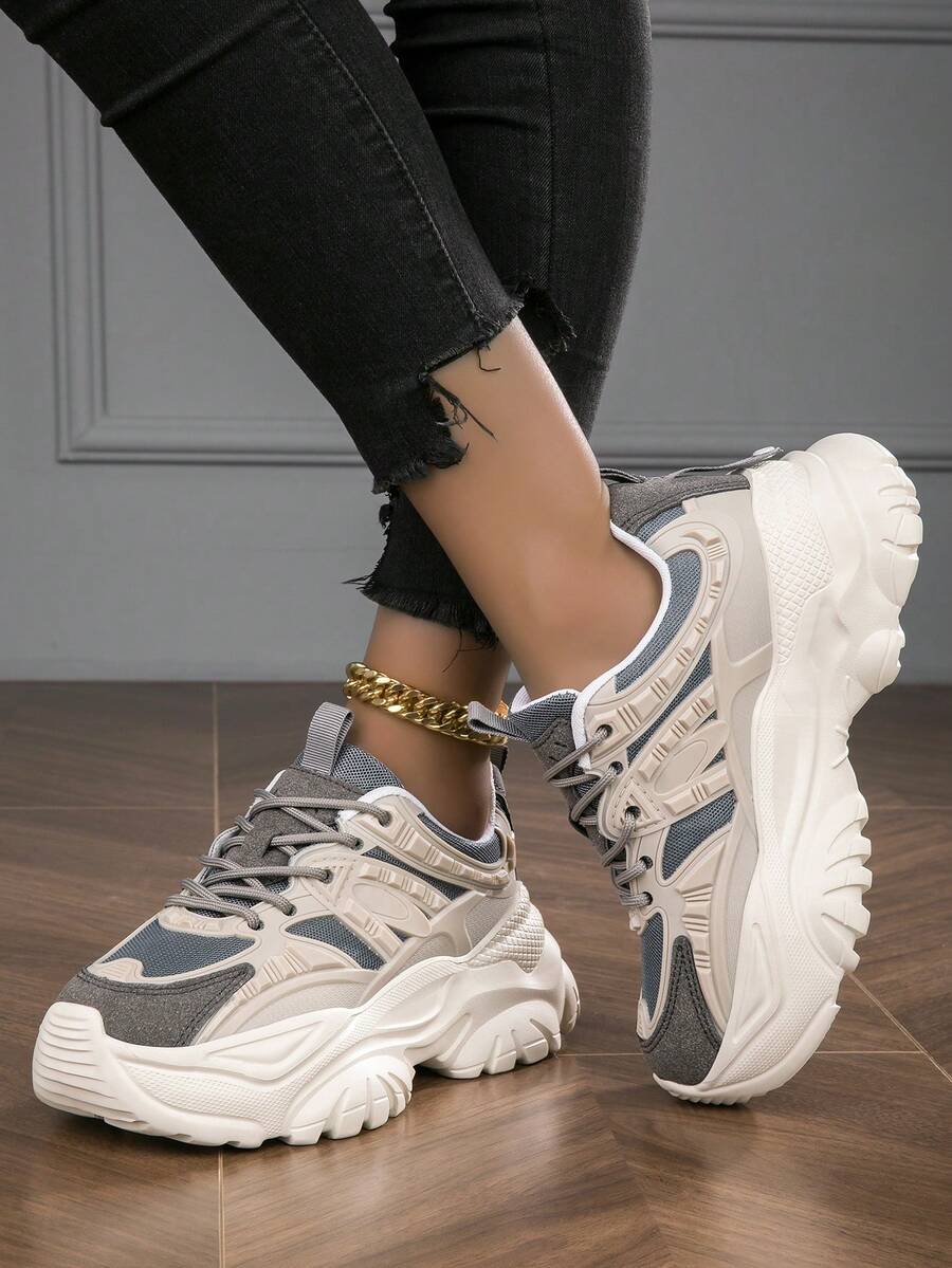 1pair Women Thick Sole Lace Up Casual Chunky Sneakers Fashion Classic