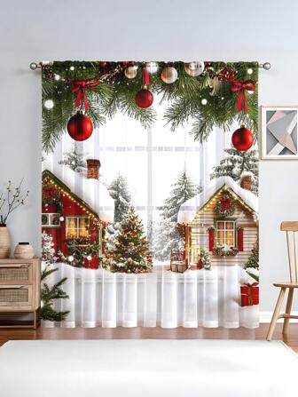 1 件圣诞装饰薄纱窗帘，透明面料，带有圣诞老人和铃铛图案，适用于客厅、卧室、厨房