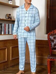 2 件装男士格子翻领单排扣长袖上衣和裤子家居服套装 - 彩色 - 查看 8