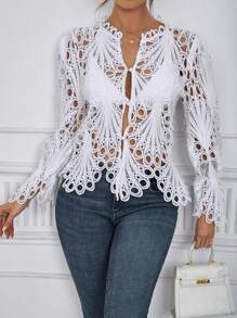 2025 New Women Hollow Out Sexy Transparent Flare Sleeve Shirt, Breathable Club Wear Top - White - View 3