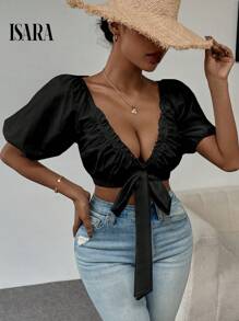 ISARA Blusa elegante feminina de decote V com laço e mangas bufantes, estilo pulôver.- Ideal para natal - Preto - Visão 5