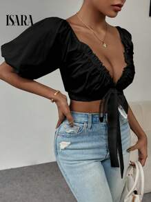 ISARA Blusa elegante feminina de decote V com laço e mangas bufantes, estilo pulôver.- Ideal para natal - Preto - Visão 6