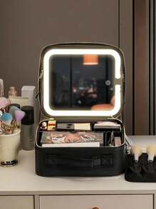 Étui à maquillage avec miroir lumineux LED, 3 couleurs de lumière LED, sac à maquillage professionnel, boîte à maquillage pour artiste de beauté, organisateur de vanité avec compartiments amovibles. Cadeau pour anniversaire/fête des mères/vacances. Fournitures de voyage et d'école, essentiels de voyage, trousse de maquillage, accessoires essentiels de vacances, sac cosmétique, sac de maquillage, organisateur de maquillage, rangement de maquillage, fournitures de rentrée scolaire