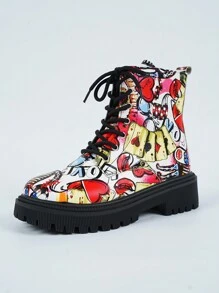 Plus Size Fashion Graffiti Thick Sole Combat Boots, Lace Up Slimming Versatile Casual Elevator Short Boots - Multicolor - View 7