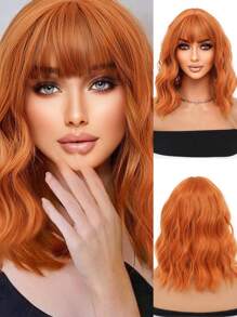 Dirty Orange Synthetic Curly Bob Wig 14 Inch Shoulder Length Medium Length Wavy Hair Wig With Bangs Women's Suitable For Everyday Use Cosplay Halloween Christmas Party Wig Natural Romantic Casual Streetwear Heat Resistant Wig