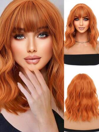 Dirty Orange Synthetic Curly Bob Wig 14 Inch Shoulder Length Medium Length Wavy Hair Wig With Bangs Women's Suitable For Everyday Use Cosplay Halloween Christmas Party Wig Natural Romantic Casual Streetwear Heat Resistant Wig