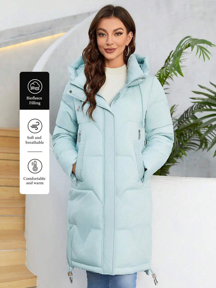 Zip Up Drawstring Hem Hooded Padded Coat - Mint Green - View 1