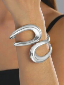1/2pcs Geometric Metal Bracelet, Minimalist Style, Exaggerated Design, Streamlined Bangle, Thick Cuff - Gold - View 14