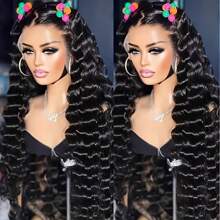 30Inch 13x6 Deep Curly Human Hair Wigs For Women Pre Plucked Loose Deep Wave Hd Transparent Frontal Wig Full Density 13x4 Invisible HD Lace Front Wigs Human Hair Pre Plucked Bleached Knots 250% Density Wet And Wave Human Hair Wigs For Women - Natural Black - 查看 2
