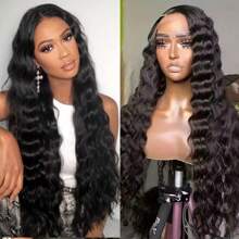 30Inch 13x6 Deep Curly Human Hair Wigs For Women Pre Plucked Loose Deep Wave Hd Transparent Frontal Wig Full Density 13x4 Invisible HD Lace Front Wigs Human Hair Pre Plucked Bleached Knots 250% Density Wet And Wave Human Hair Wigs For Women - Natural Black - 查看 4