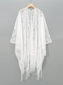 1件纯色镂空蕾丝流苏披肩，多功能沙滩巾 - 彩色 - 查看 15