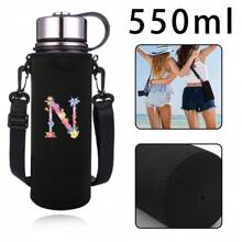 1pc Pink Floral & Letter Print Insulated Water Bottle Sleeve, Fits 550ml/750ml/1000ml/1500ml Bottles, Made Of Waterproof Nylon With Adjustable Strap, Suitable For Hiking, Camping, Sports - Black - View 23