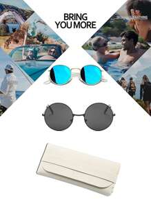 1pc Men's Black Vintage Round Fashion Glasses, Shanghai Beach Wedding Groomsmen Glasses, Rivet Design Retro Half-Frame Fashion Glasses Halloween Looks Street Style And Suit For Sweater Jacket Sweatshirt Hoodie Leather Pants And Cargo Pants For Summer Beach Vacation,Outdoor,Travel - Grey - View 13