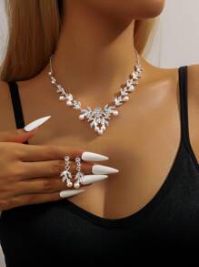 3 件套婚礼季女士首饰套装森林花朵仿珍珠水钻项链耳环套装新娘礼服配饰情人节 - 銀色 - 查看 11