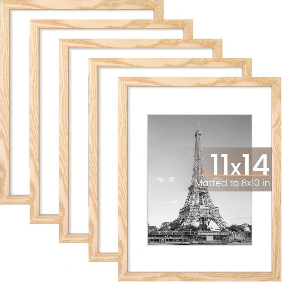 Upsimples 5 Pack 11 Inchx14 Inch Picture Frame, Display Pictures 8 Inchx10 Inch With Mat Or 11 Inchx14 Inch Without Mat, Wall Gallery Photo Frames, Natural Visit The Upsimple - Khaki - View 1