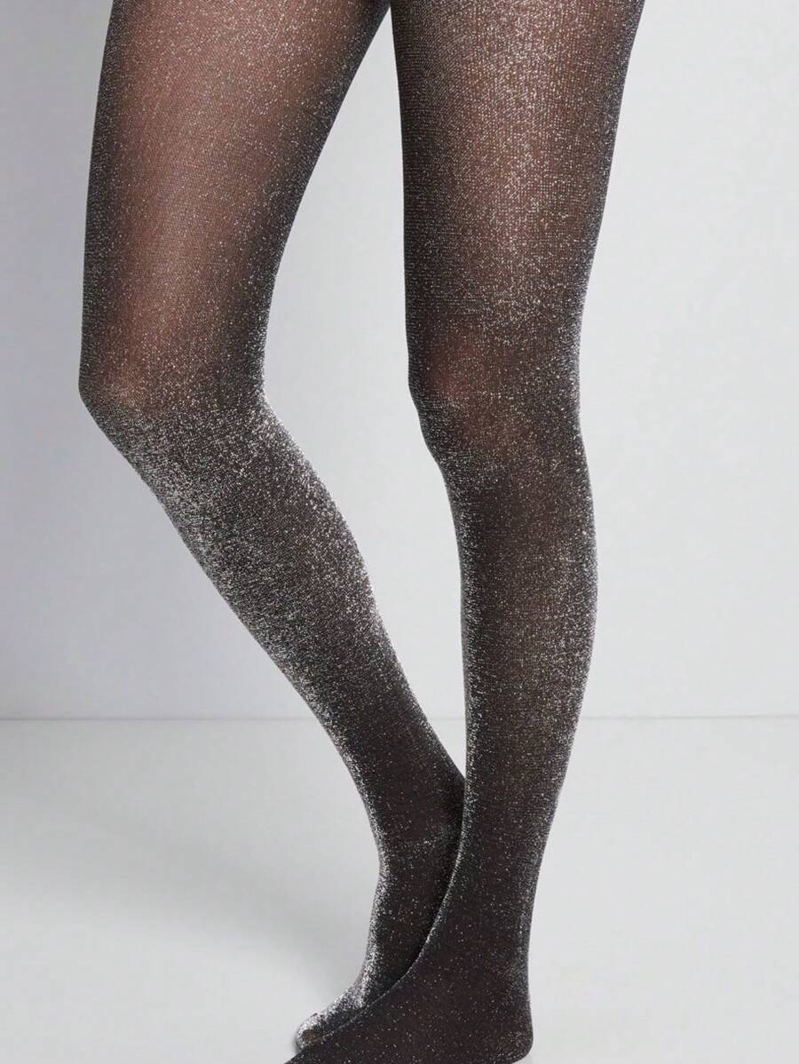 1 件女士加大码闪亮珍珠连裤袜，适合日常穿着 - 黑色 - 查看 1