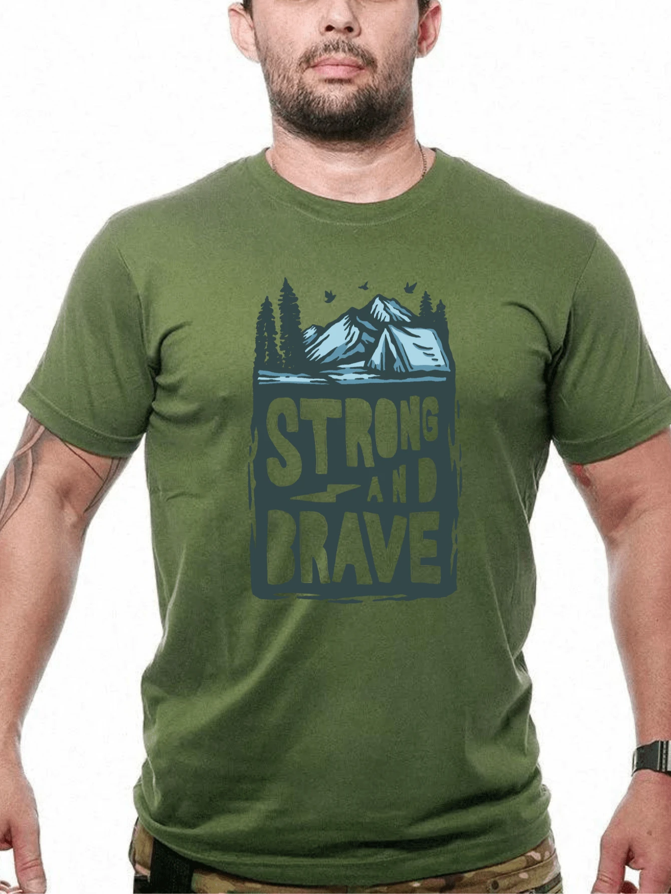 Men's Basic T-Shirt 100% Cotton Knit Strong And Brave Print Short Sleeve Casual T-Shirt - 軍綠色 - 查看 1