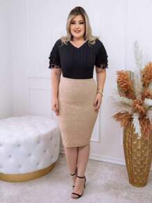 AVI Moda Crista AVI Christian Fashion - 3D Jacard Mesh - Amanda Executive Pencil Midi Secretary Skirt - Evangelical Christian Women's Fashion - 米色 - 查看 4