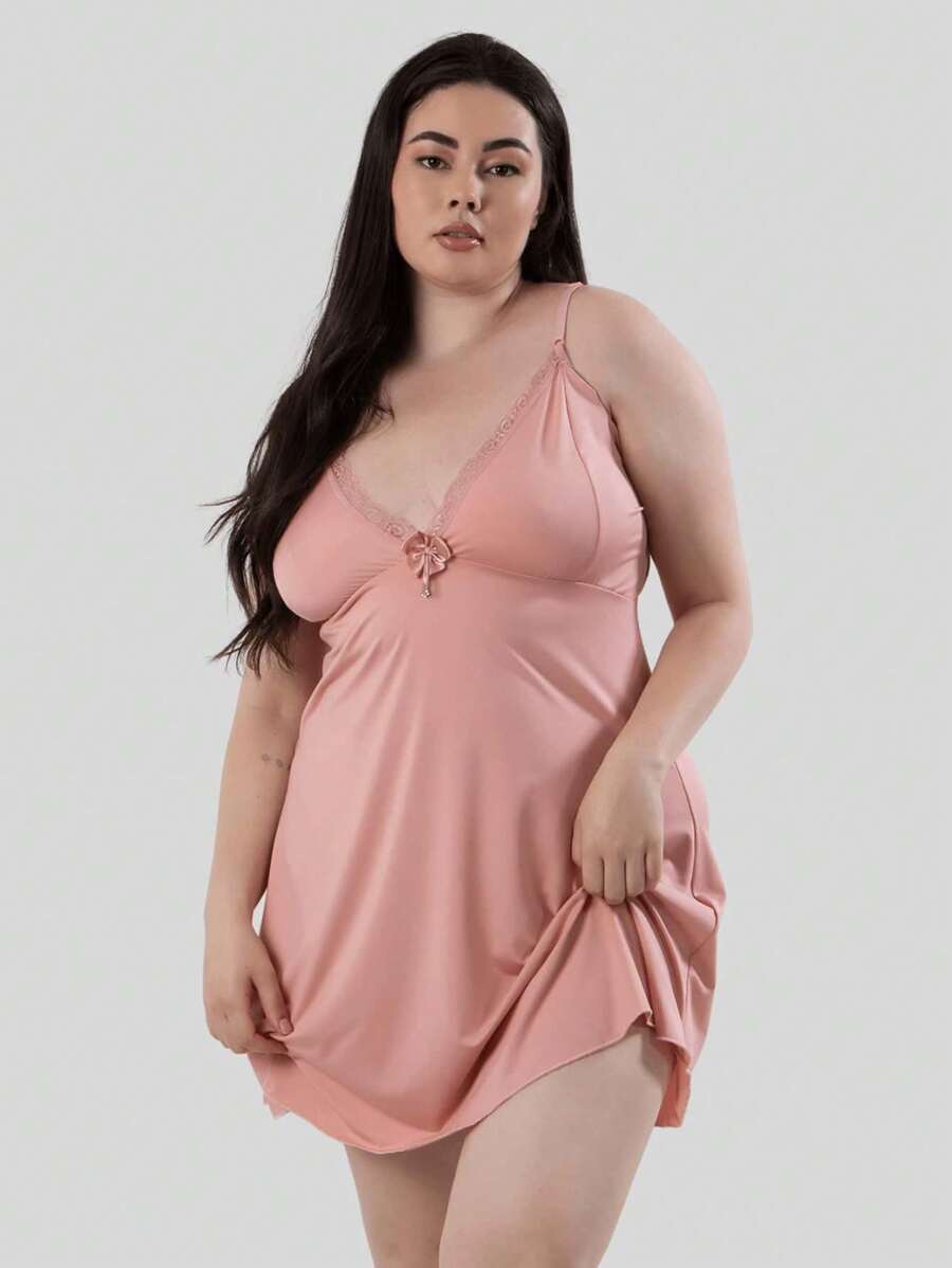 Romantic Plus Size Women's Plain Nightgown Sleepwear - 粉色 - 查看 1