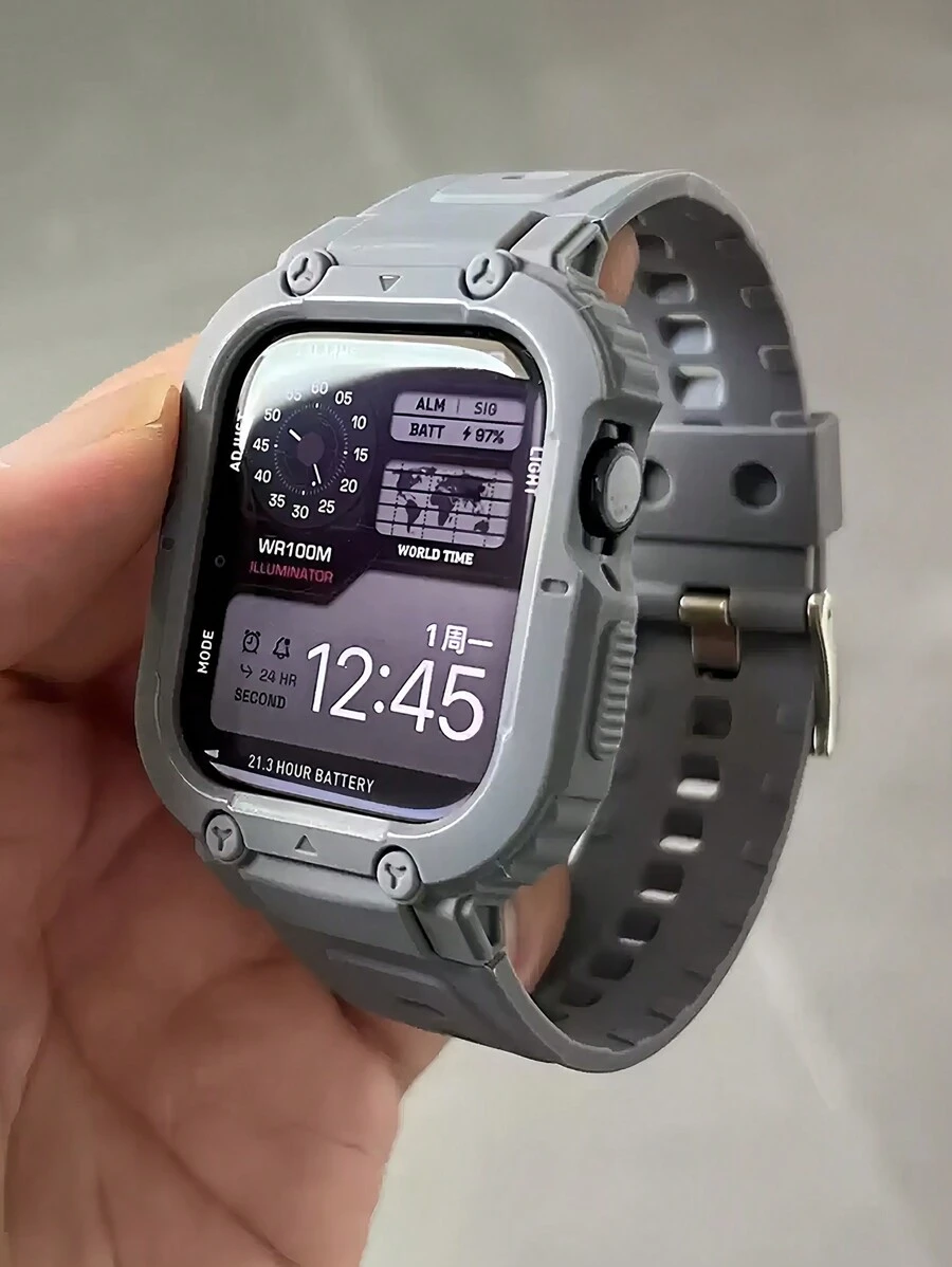 1pc 2-In-1 Grey Strap & Case Integrated Casual Sports Watch Band, Compatible With Apple Watch 40mm, 38mm, 41mm, 42mm, 44mm, 45mm Bands, Suitable For Apple Watch SE, Series 9, 8, 7, 6, 5, 4, 3, 2, 1