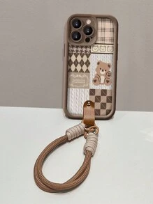 Cute Apple 1pc Vertical Stripe Bear Pattern High Bamboo Brown + Brown Lanyard Phone Case Compatible With Iphone 16 Pro AMX, 11, 12, 13, 14 PROMAX, 15