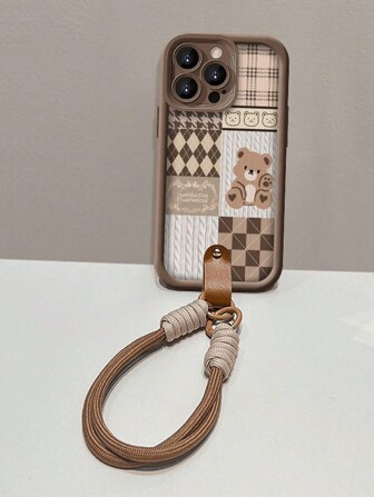 Cute Apple 1pc Vertical Stripe Bear Pattern High Bamboo Brown + Brown Lanyard Phone Case Compatible With Iphone 16 Pro AMX, 11, 12, 13, 14 PROMAX, 15 Waterproof Shockproof Anti-Fall Scratch Resistant