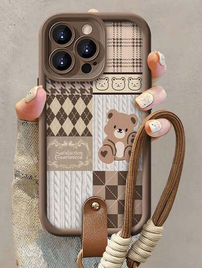 Cute Apple 1pc Vertical Stripe Bear Pattern High Bamboo Brown + Brown Lanyard Phone Case Compatible With Iphone 16 Pro AMX, 11, 12, 13, 14 PROMAX, 15 Waterproof Shockproof Anti-Fall Scratch Resistant