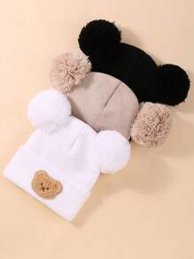 3-Piece Double Ball Decorated Bear Embroidery Knitted Hat Combination, Fashion Cute Bear, Suitable For Daily Leisure Collocation