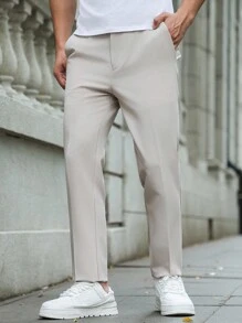 Premium Quality Office & Commuting Solid Color Elastic Button & Zipper Suit Pants For Men, Light Weight - Khaki - View 5