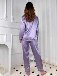 Ladies' Autumn And Winter Solid Color Imitation Silk Comfortable And Elegant Purple Pajamas Long Sleeved Home Suit Set - 紫色 - 查看 3