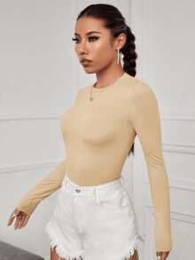 Women's Bodysuit Pantiblouse Sexy Blouse With Long Sleeves And Round Neck Beige - Beige - View 8